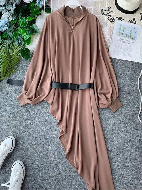 Spring Summer Women's Chiffon Dress Lantern Sleeve Stand Collar Zipper