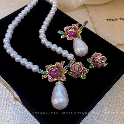 Crystal Inlaid Flower Droplet Pearl Set Necklace French Retro