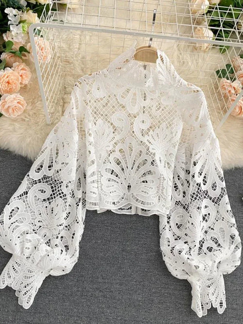 Spring Summer New Fashion Blouse Female Hollow Lantern Sleeve