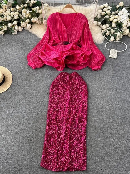 Sexy Club Luxury Sequined 2 Pieces Set Women V Neck Lantern Sleeve