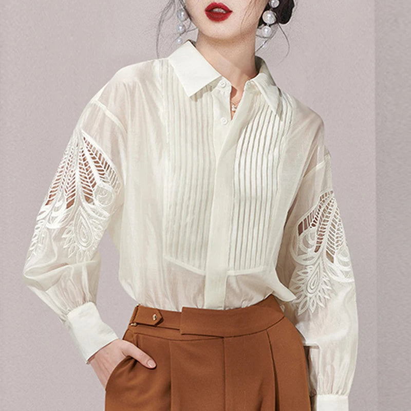 Spring Long-sleeved shirt Turndown collar Vintage Women