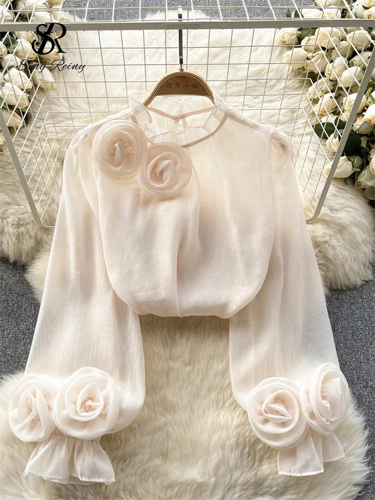 Ruffles Sweet Sheer Blouse O Neck Long Sleeves 3D Floral