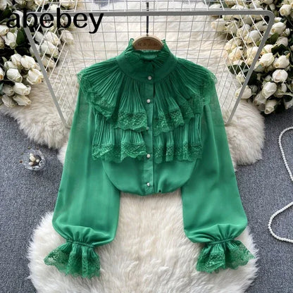 Elegant French Blouse Women Temperament Sweet Ruffles Loose Casual