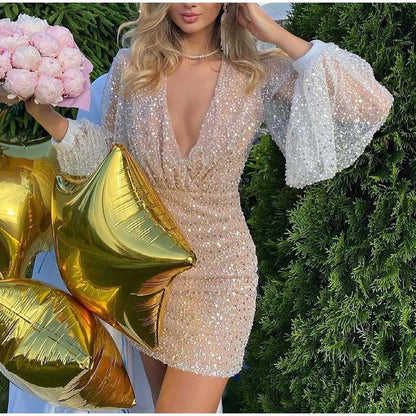 Sequins Mini Dress V Neck Lantern Long Sleeves Dress