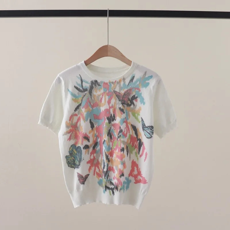 Fashion Short Sleeve Flower Print Women T Shirts Luxury Brand