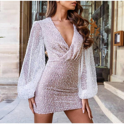 Sequins Mini Dress V Neck Lantern Long Sleeves Dress