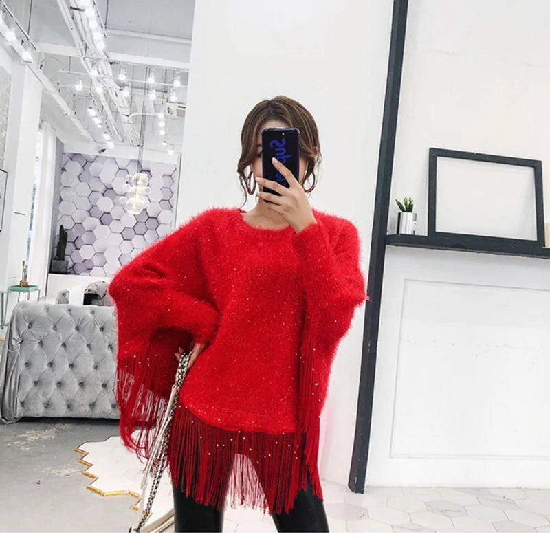 Winter Sequined Tassel Loose Cape Shawl Pullover Sweater