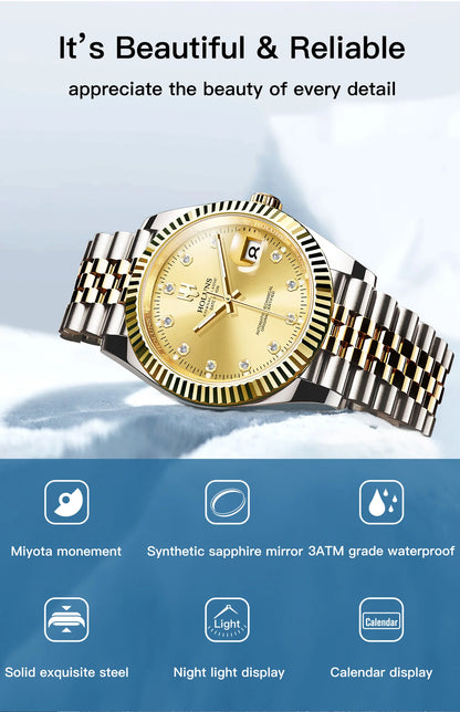 Holuns  New Luxury Stainless Steel Automatic Watch For Men Gold