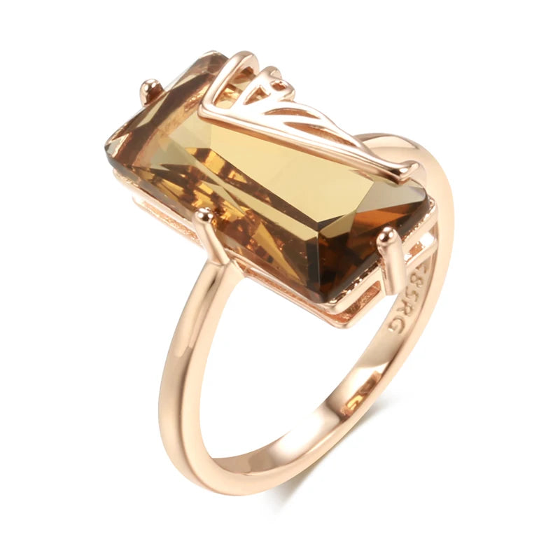 Kinel Hot Fashion Light Brown Natural Zircon Big Ring for Women Simple Square 585 Rose Gold Color High Quality Daily Jewelry