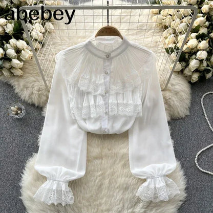 Elegant French Blouse Women Temperament Sweet Ruffles Loose Casual