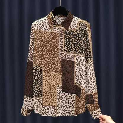 Spring New Leopard Patchwork Print Satin Shirt Women  Style