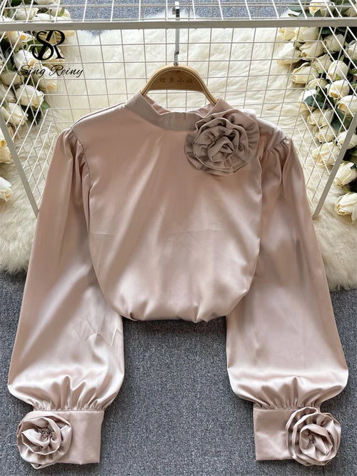 French Senior Satin Loose Shirt Women Elegant Long Sleeve 3D