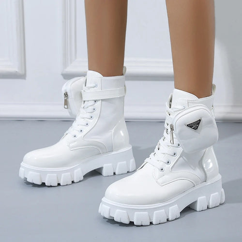 New Boots Women Motorcycle Ankle Boots Wedges Female Lace Up Platforms