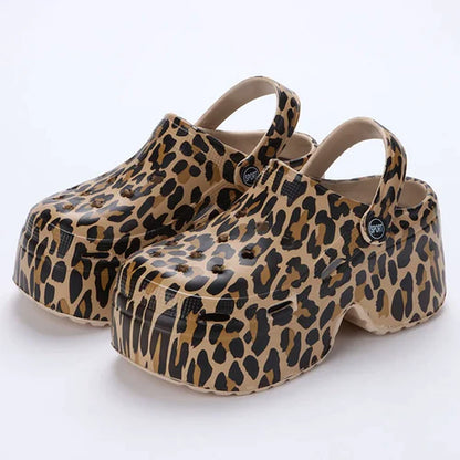 Leopard Thick Bottom Clogs for Women Closed Toe Chunky Platform