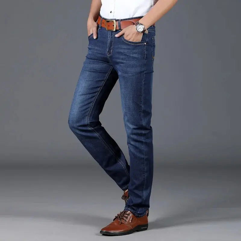 Men Simple Versatile Business Straight Cylinder Jeans Youth Elastic