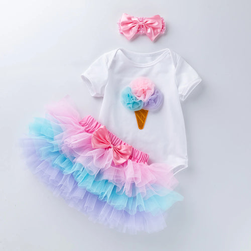 Tutu Baby Birthday Set Short Sleeve Romper Petti skirt Girls 3 Pcs