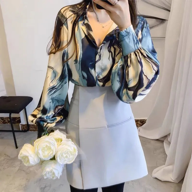 Elegant Printed Lapel Lantern Sleeve Shirt Women's Clothing