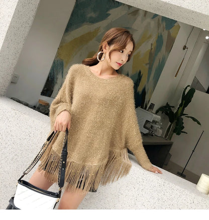 Winter Sequined Tassel Loose Cape Shawl Pullover Sweater