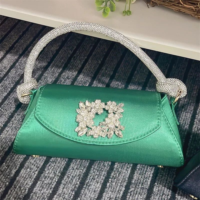 Emerald Satin Hand Bags Elegant Ladies Floral Rhinestone Buckle Evening Bag Luxury Celebrity Simple Design Underarm Bag Bolsas