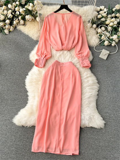 Senior Spring Two Pieces Sets V Neck Long Sleeve Chiffon