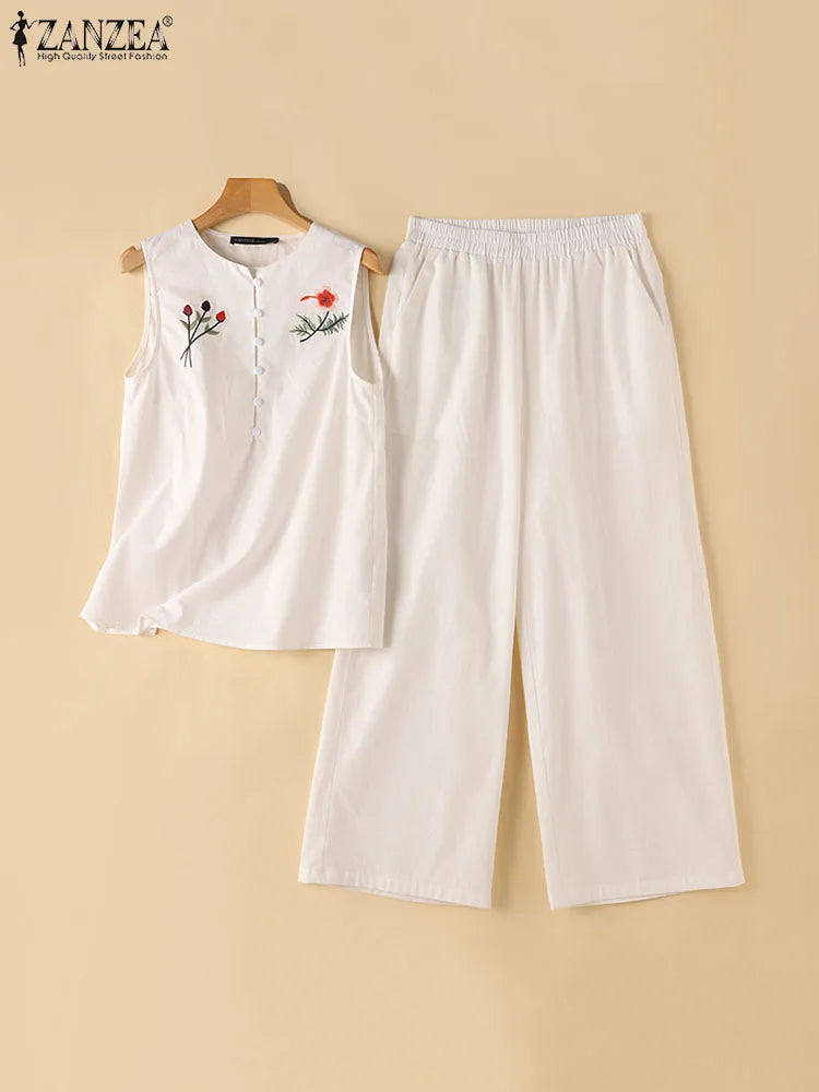 ZANZEA Vintage 2PCS Floral Embroidery Trousers Suits Women Summer Sleeveless Tops Pants Sets Casual Matching Sets OL Tracksuit