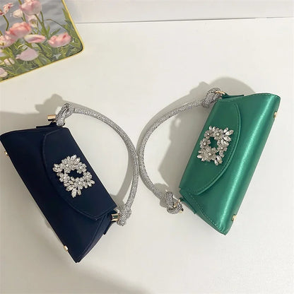 Emerald Satin Hand Bags Elegant Ladies Floral Rhinestone Buckle Evening Bag Luxury Celebrity Simple Design Underarm Bag Bolsas