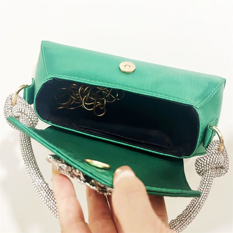 Emerald Satin Hand Bags Elegant Ladies Floral Rhinestone Buckle Evening Bag Luxury Celebrity Simple Design Underarm Bag Bolsas