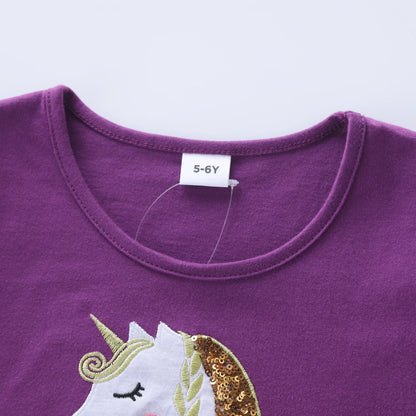 Girls' Autumn Long Sleeve Mesh Cartoon Unicorn Dress