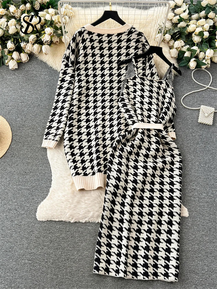 Houndstooth Knitted Dress Suits Women Loose Long