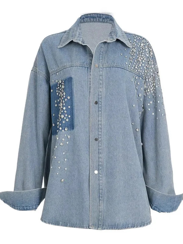 YERMORA Irregular Rhinestone Denim Shirt Jacket For Women For Women Lapel Long Sleeve Fashion Tide Coat Spring Autumn 2025 A142