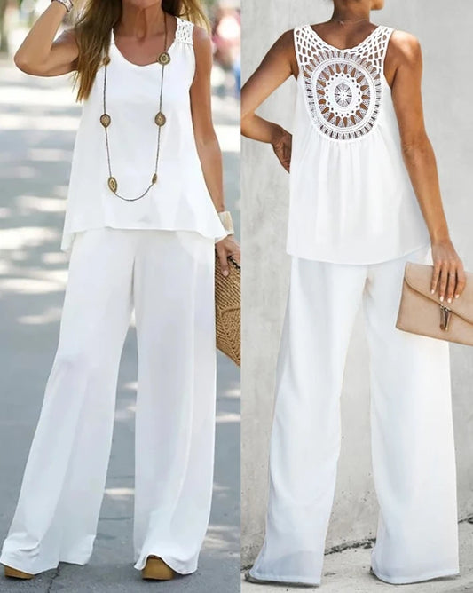 Two Piece Set Women Outfit 2024 Summer Hollow Out Round Neck