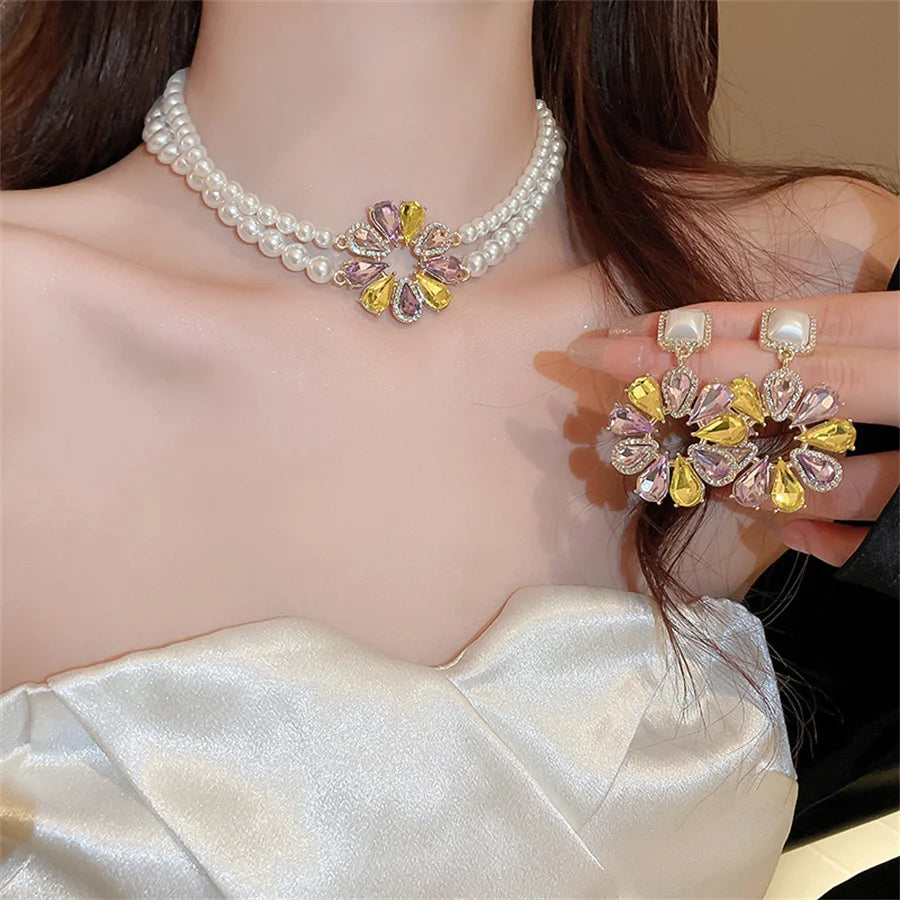 Korean Style Pearl Necklace Earrings For Women Sweet Sunflower