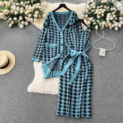 Houndstooth Knitted Dress Suits Women Loose Long