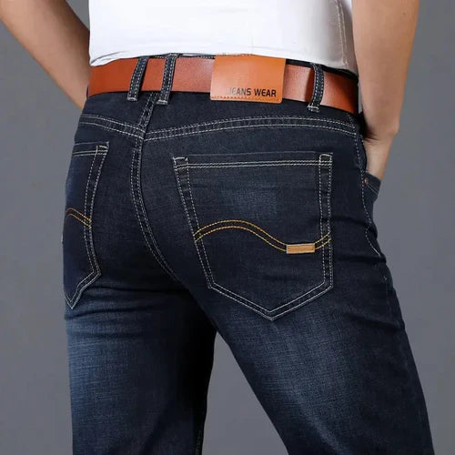 Men Simple Versatile Business Straight Cylinder Jeans Youth Elastic