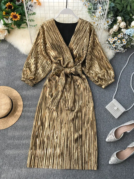 Spring Autumn Women's Party Dress Ins Temperament Vintage  Waist