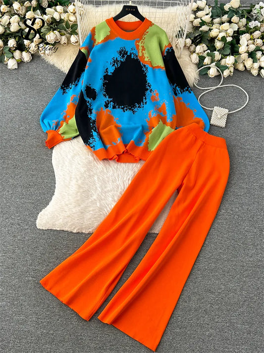 Winter Fashion Thick Sweater Suits Tie-dye Loose