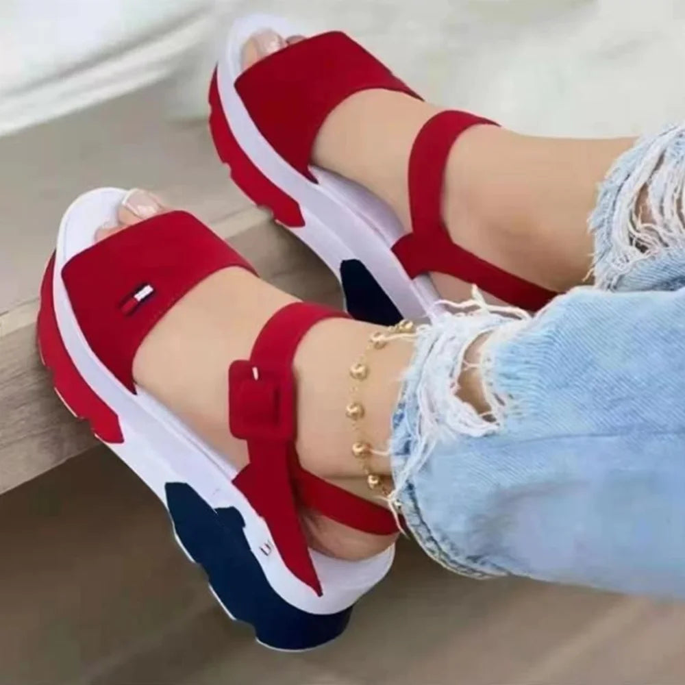 Summer New Large Women's Shoes Roman Style Contrast Color Thick