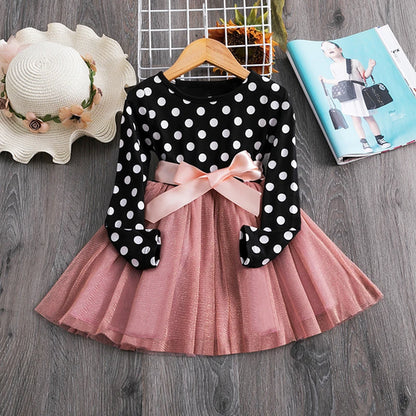 Polka Dot Long Sleeve Tulle Kids Princess Dresses for Girls Spring