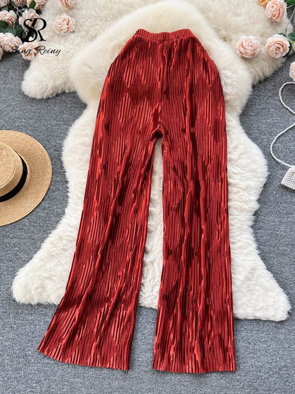 Pleated Vintage Striped Long Pants Fashion Spring High Waist