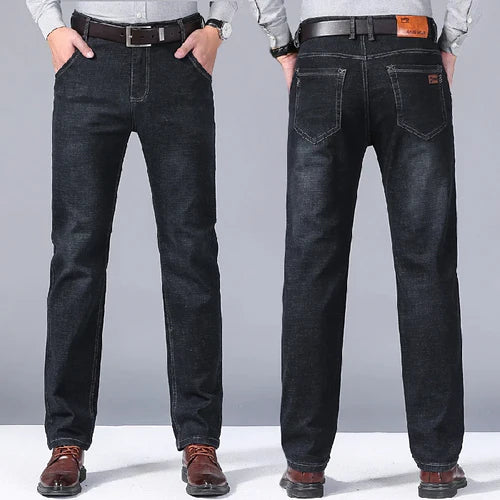 Men Denim Jeans Regular Fit Straight Stretch Business Casual Solid