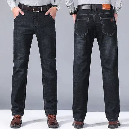 Men Denim Jeans Regular Fit Straight Stretch Business Casual Solid