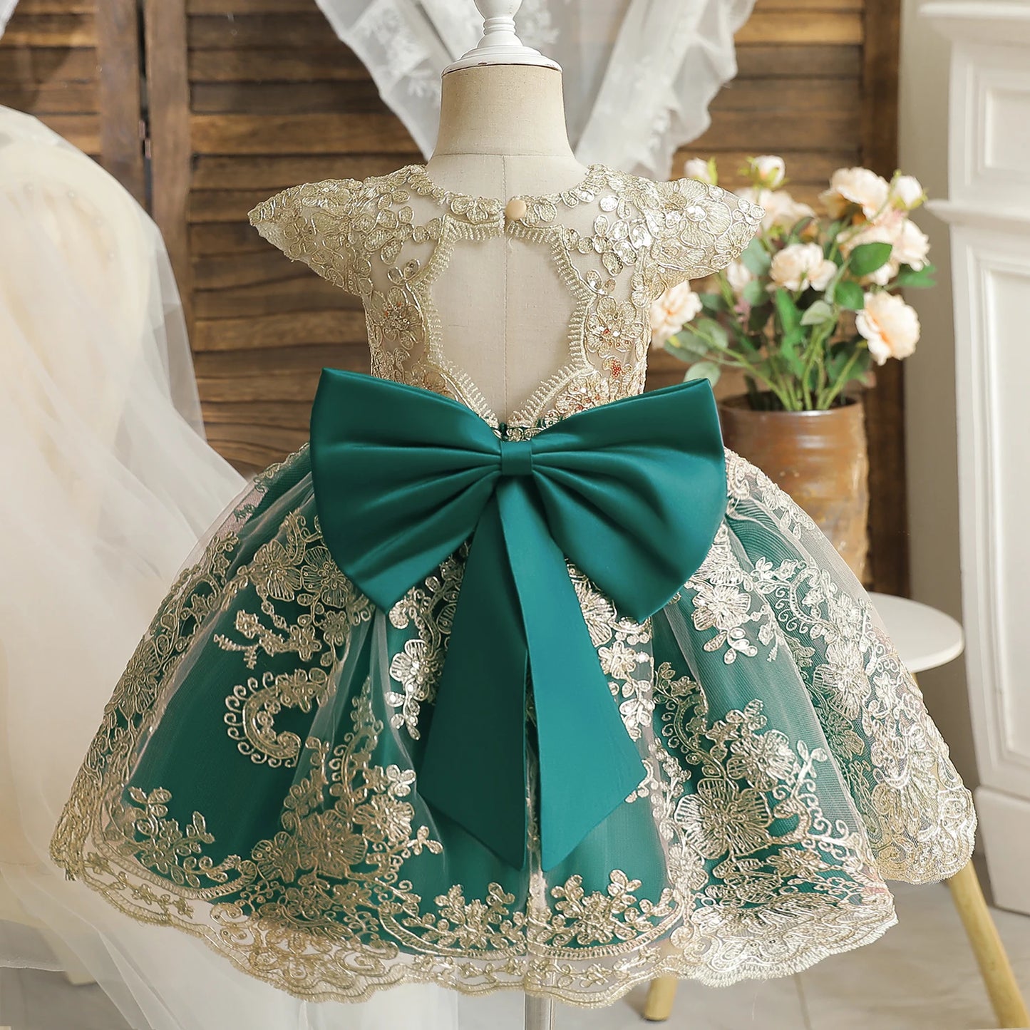 Embroidery Elegant Kids Princess Dresses for Girls Luxury Golden Lace