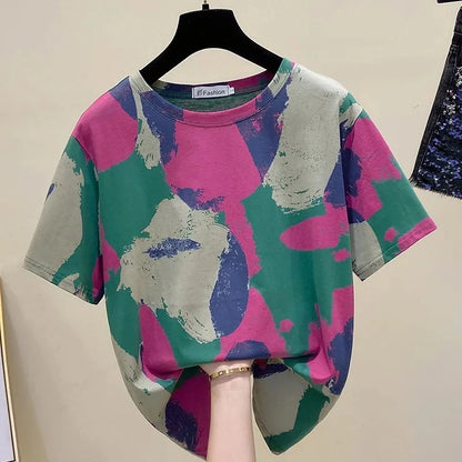 Tie Dye Printing Vintage O-Neck Pullover Short Sleeve T-Shirt Women's