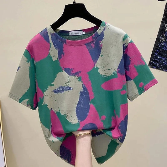 Tie Dye Printing Vintage O-Neck Pullover Short Sleeve T-Shirt Women's