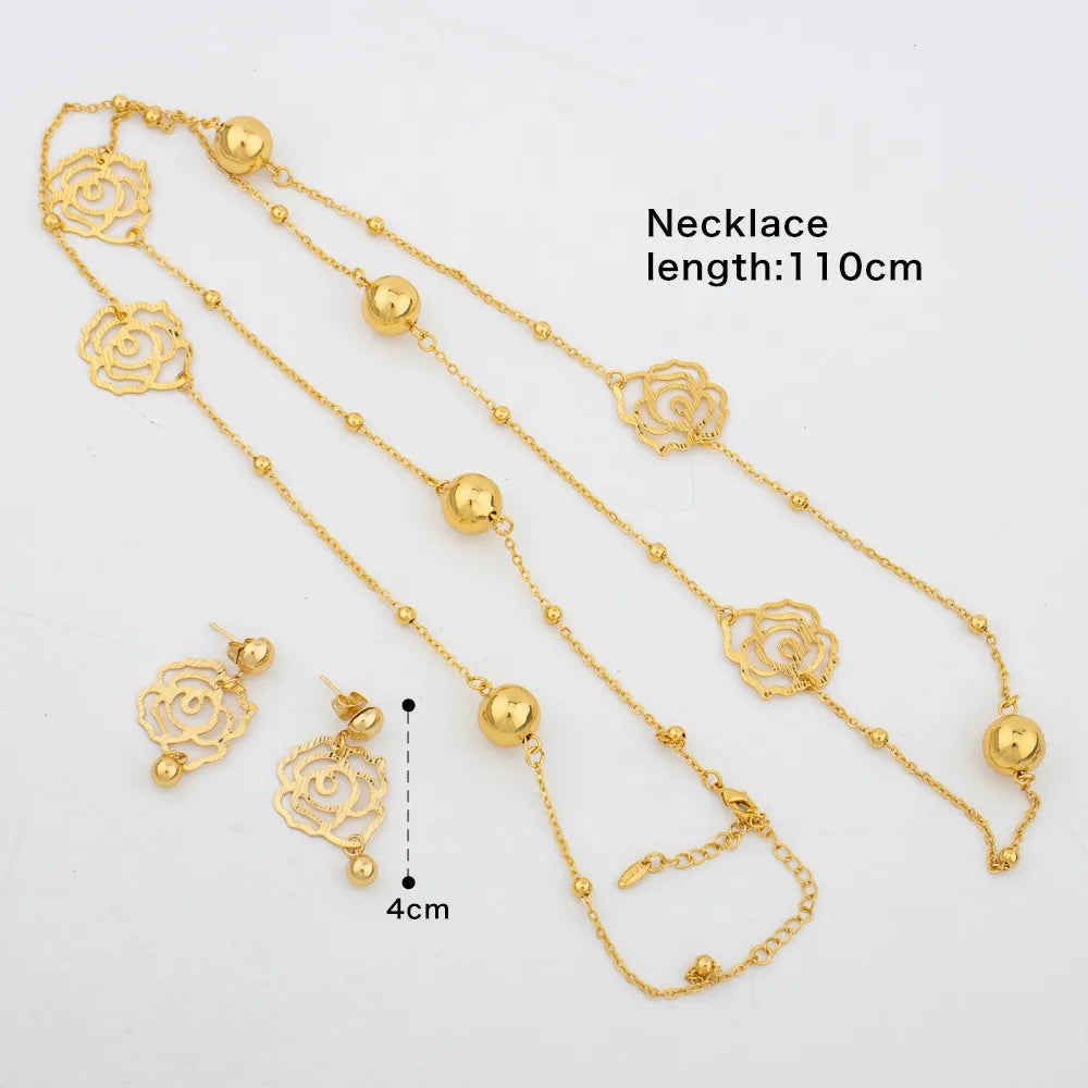 Dubai Gold Color Jewelry Set Fashion Long Chain Necklace Stud Earings