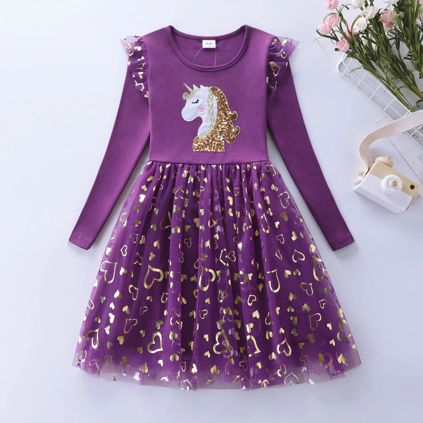 Girls' Autumn Long Sleeve Mesh Cartoon Unicorn Dress