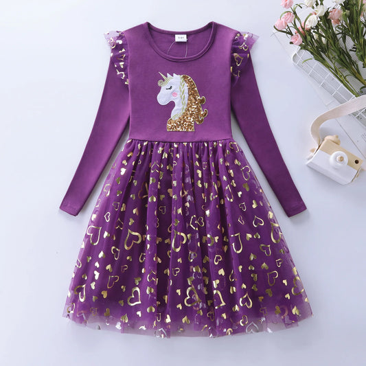 Girls' Autumn Long Sleeve Mesh Cartoon Unicorn Dress