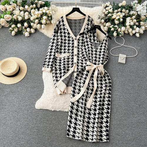 Houndstooth Knitted Dress Suits Women Loose Long