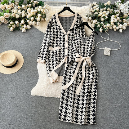 Houndstooth Knitted Dress Suits Women Loose Long