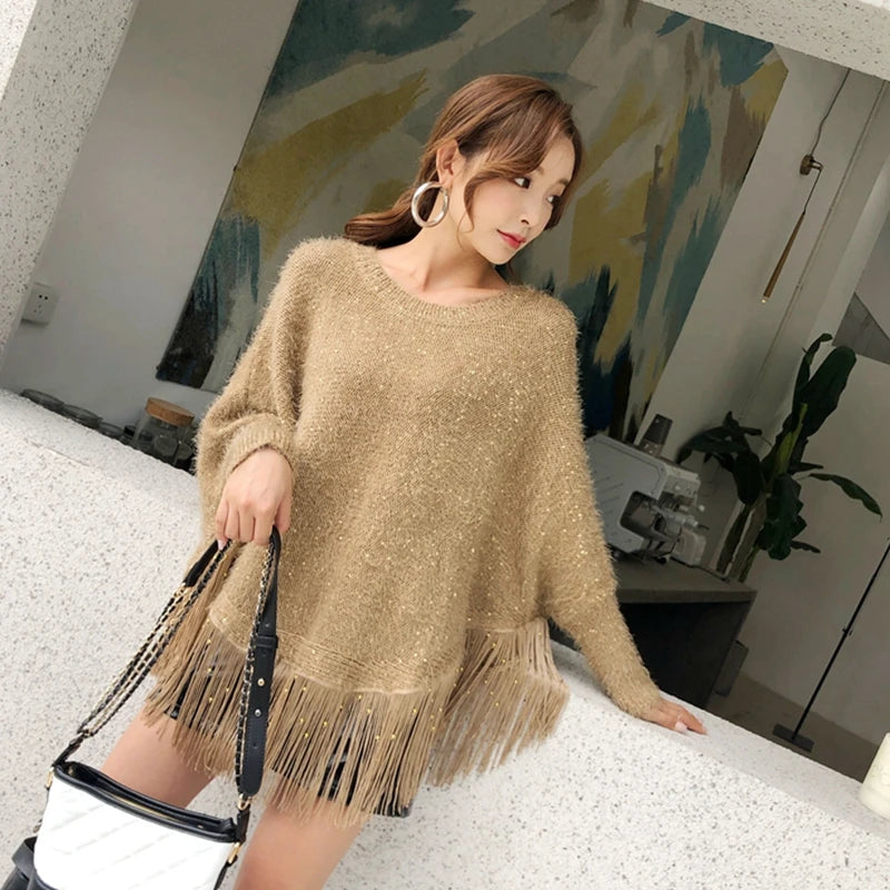 Winter Sequined Tassel Loose Cape Shawl Pullover Sweater